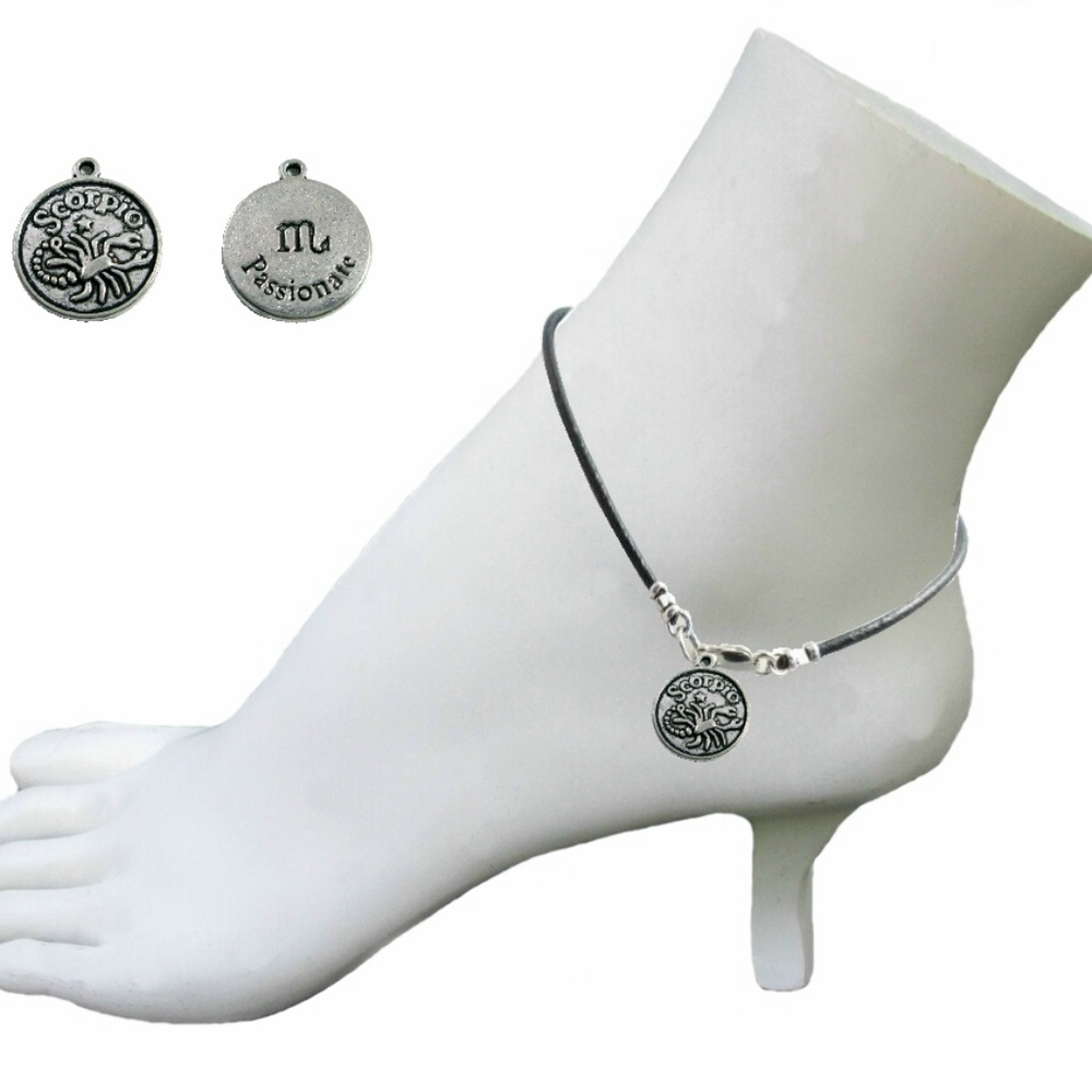 Black Leather Anklet ~ Scorpio Zodiac Charm